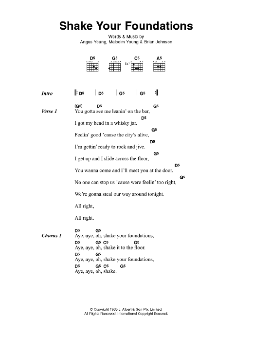 AC/DC Shake Your Foundations sheet music notes and chords arranged for Guitar Chords/Lyrics