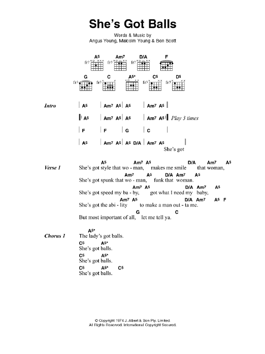 AC/DC She's Got Balls sheet music notes and chords arranged for Guitar Chords/Lyrics