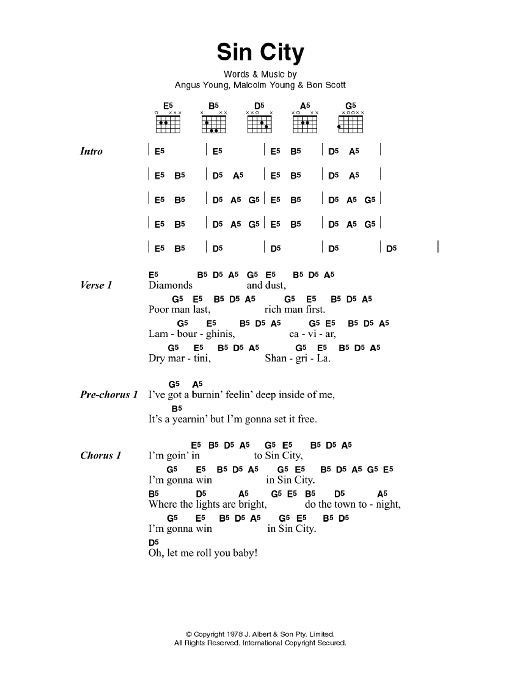 AC/DC Sin City sheet music notes and chords arranged for Guitar Tab