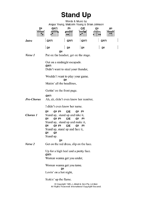 AC/DC Stand Up sheet music notes and chords arranged for Guitar Chords/Lyrics