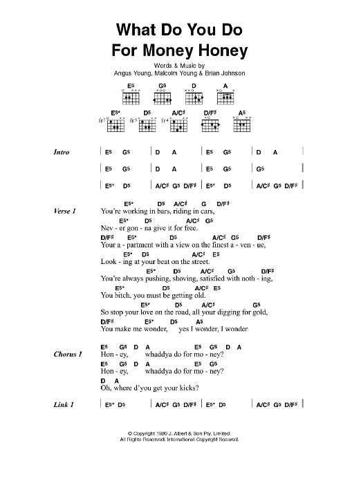 AC/DC What Do You Do For Money, Honey? sheet music notes and chords. Download Printable PDF.