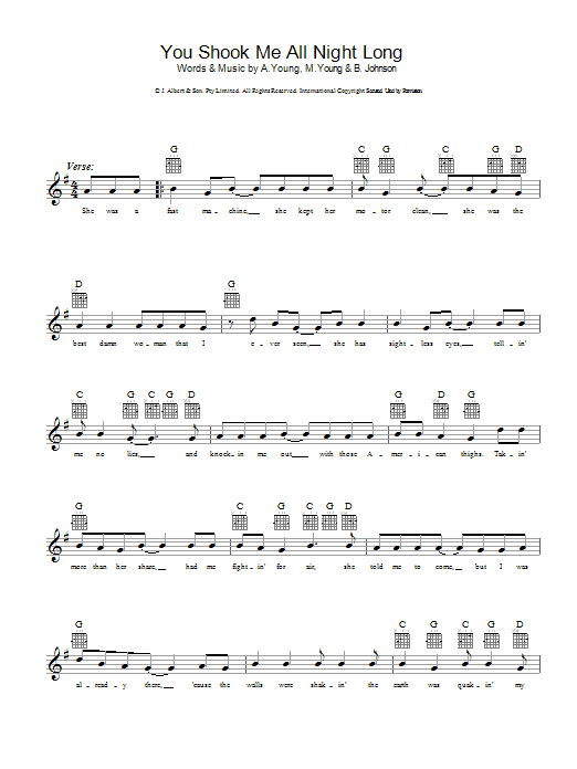 AC/DC You Shook Me All Night Long sheet music notes and chords. Download Printable PDF.