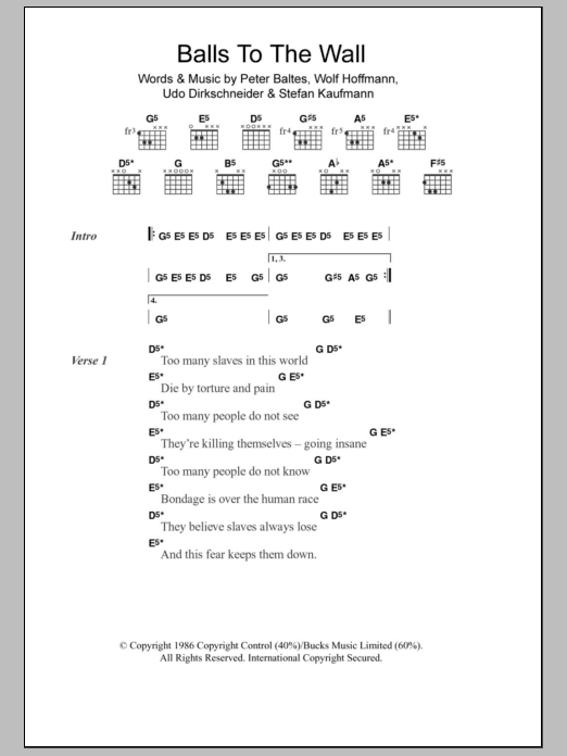 Accept Balls To The Wall sheet music notes and chords. Download Printable PDF.