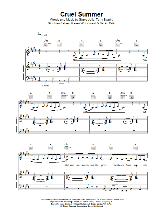 Ace Of Base Cruel Summer sheet music notes and chords. Download Printable PDF.