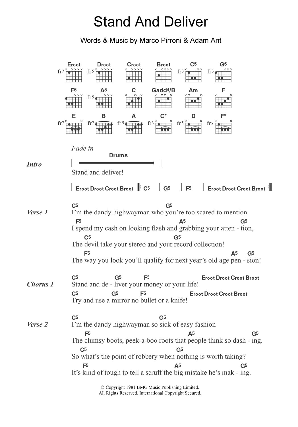 Adam And The Ants Stand And Deliver sheet music notes and chords arranged for Guitar Chords/Lyrics