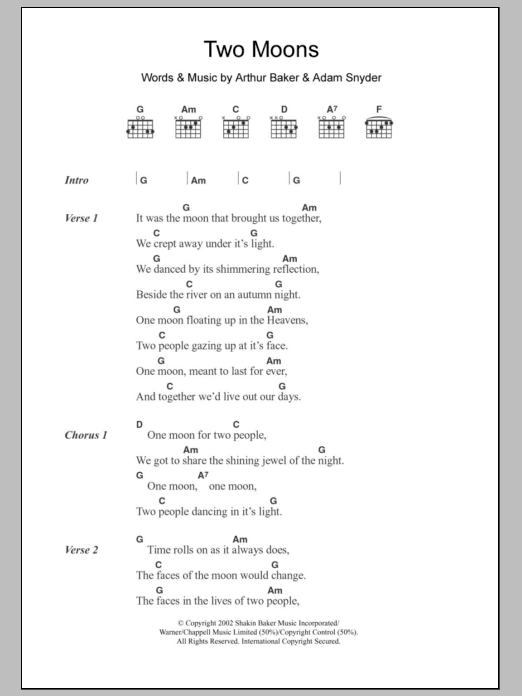 Adam Snyder Two Moons sheet music notes and chords. Download Printable PDF.