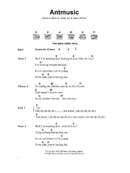 Adam and the Ants Antmusic sheet music notes and chords. Download Printable PDF.