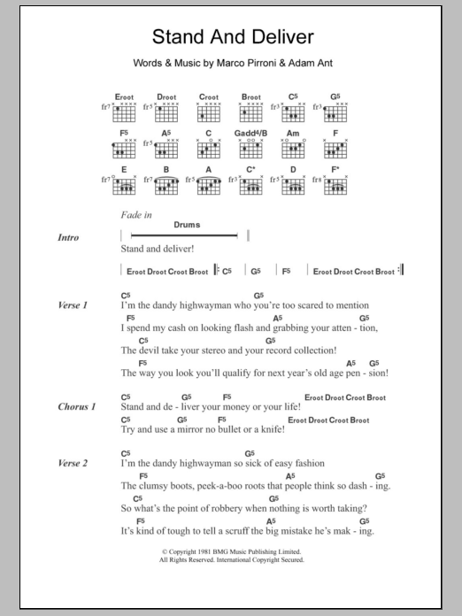 Adam and the Ants Stand And Deliver sheet music notes and chords. Download Printable PDF.