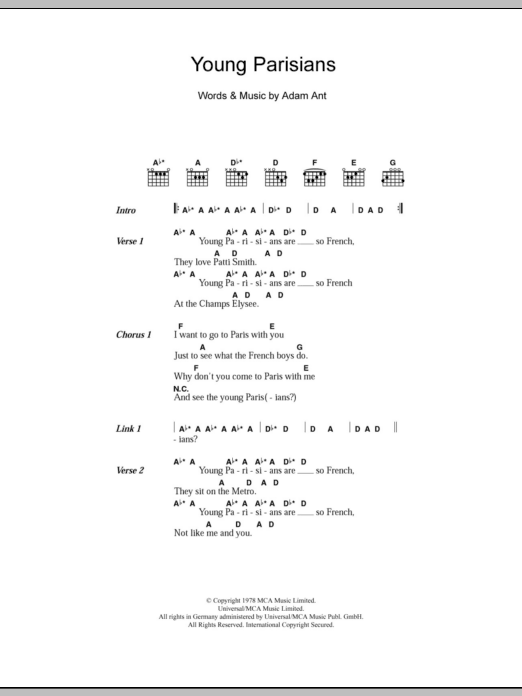 Adam and the Ants Young Parisians sheet music notes and chords. Download Printable PDF.