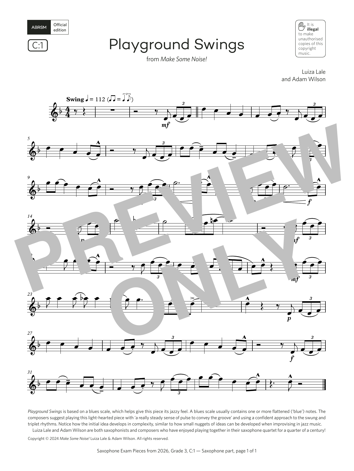 Adam Wilson Playground Swings (Grade 3, list C1, from the ABRSM Saxophone Syllabus from 2026) sheet music notes and chords arranged for Alto Sax Solo