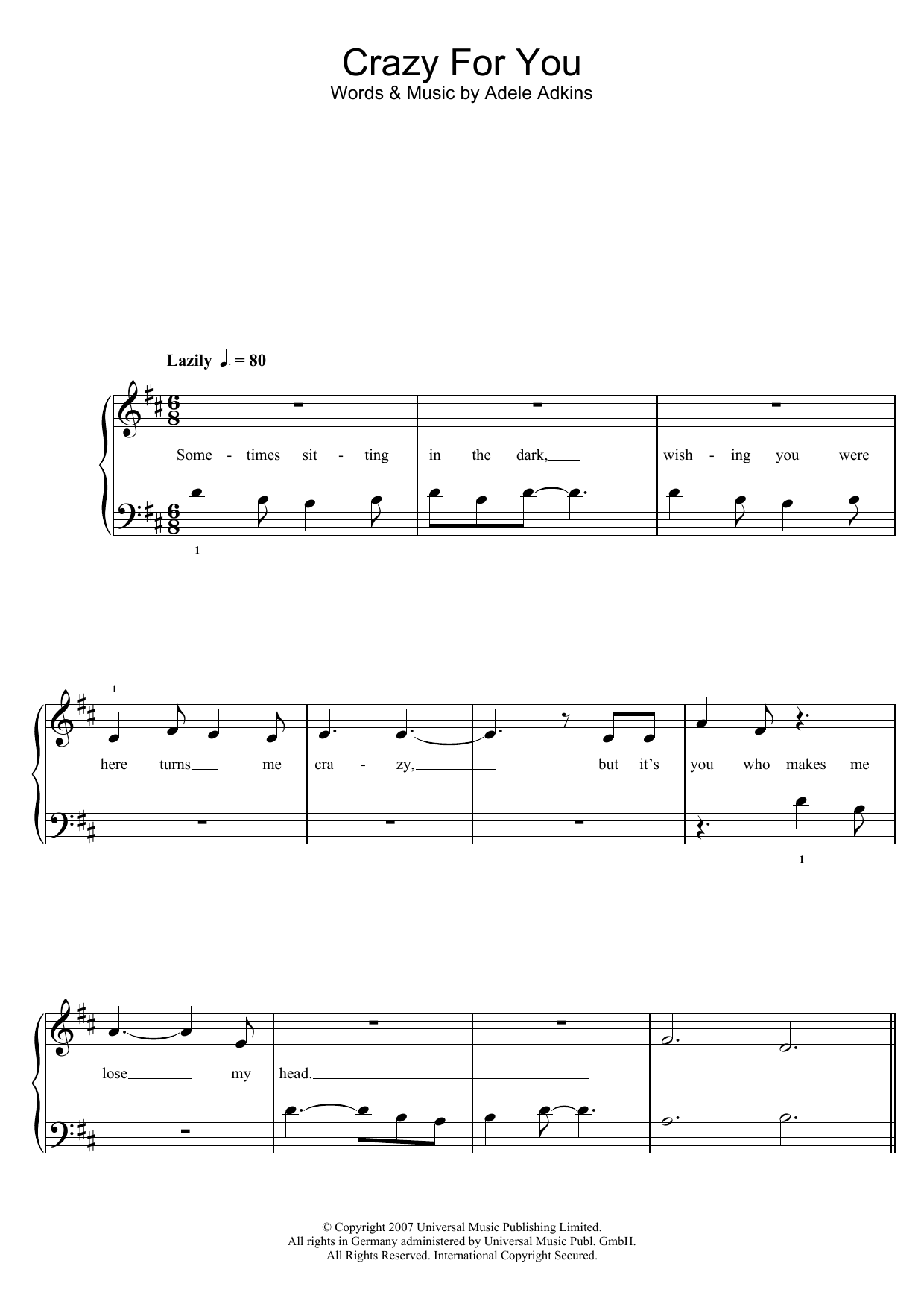 Adele Crazy For You sheet music notes and chords. Download Printable PDF.