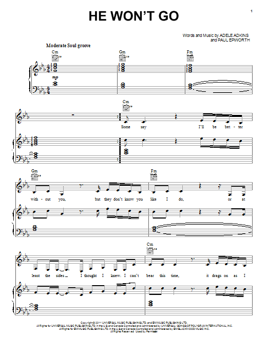 Adele He Won't Go sheet music notes and chords. Download Printable PDF.