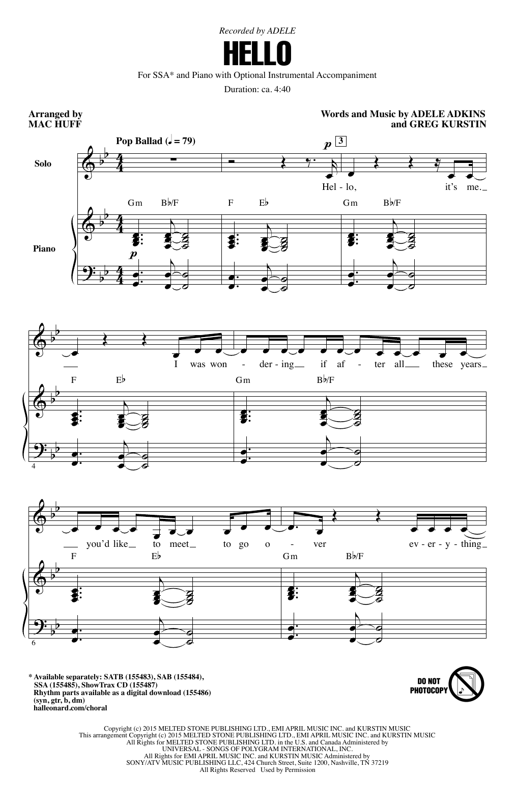 Adele Hello (arr. Mac Huff) sheet music notes and chords. Download Printable PDF.