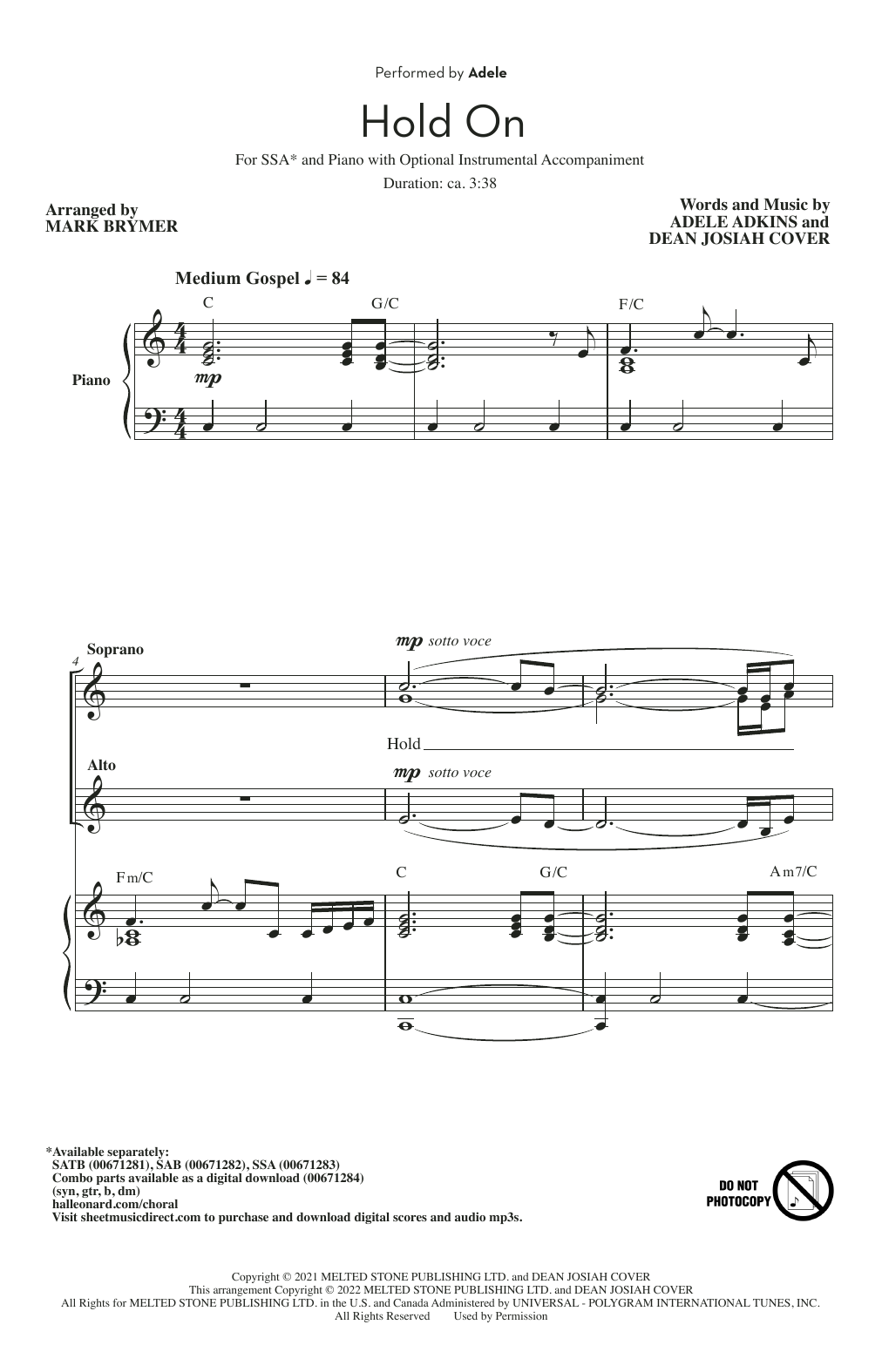 Adele Hold On (arr. Mark Brymer) sheet music notes and chords arranged for SSA Choir