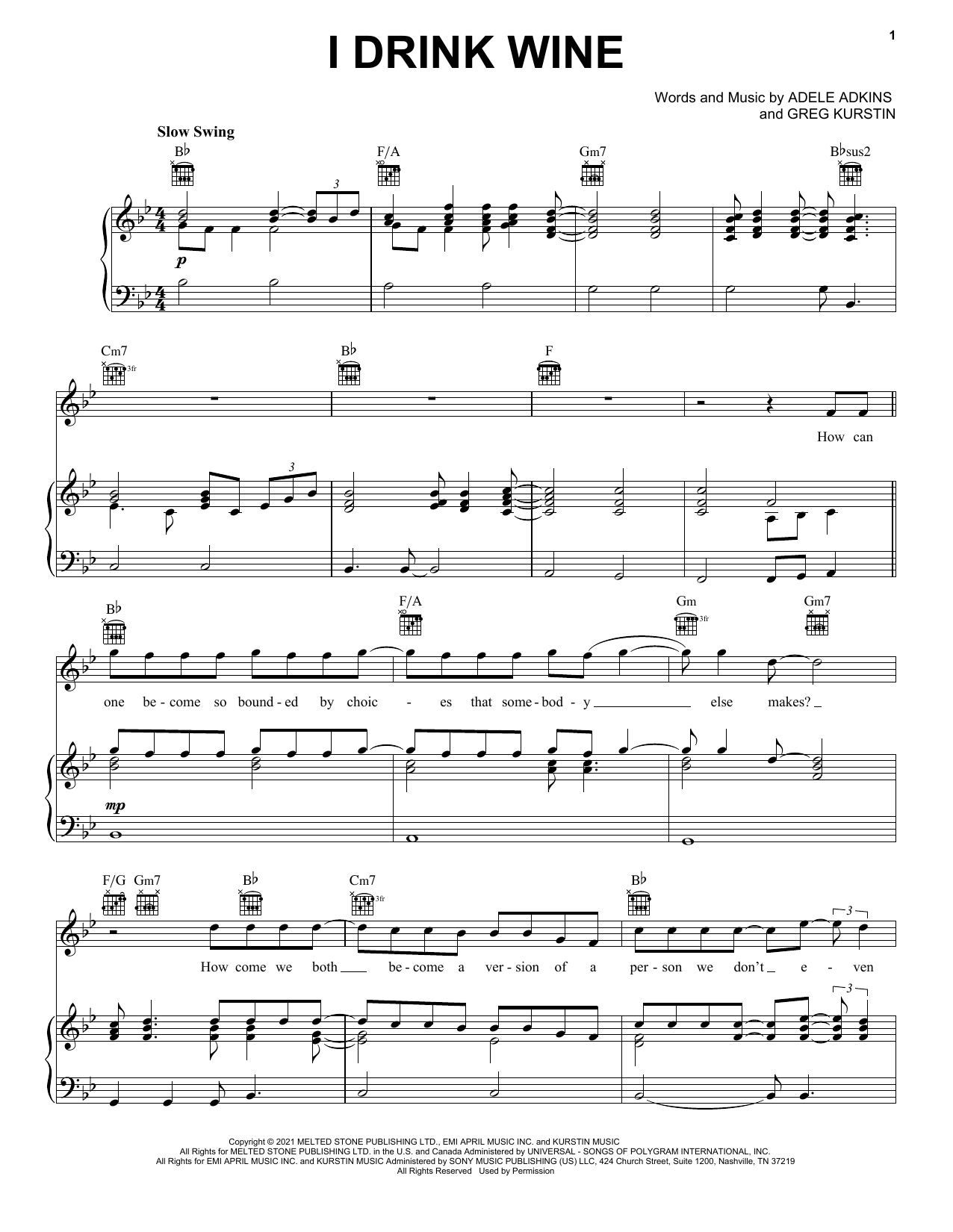 Adele I Drink Wine sheet music notes and chords. Download Printable PDF.