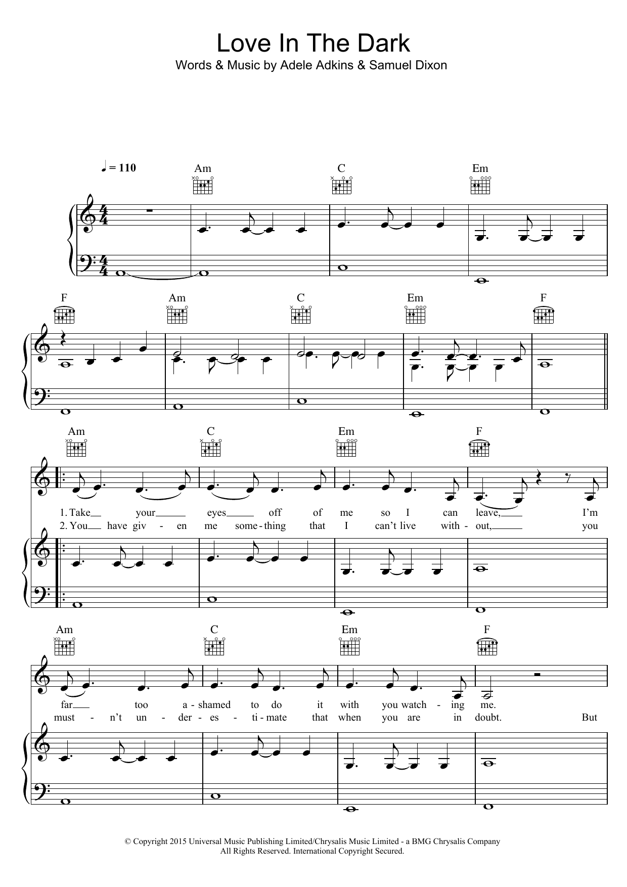 Adele Love In The Dark sheet music notes and chords. Download Printable PDF.