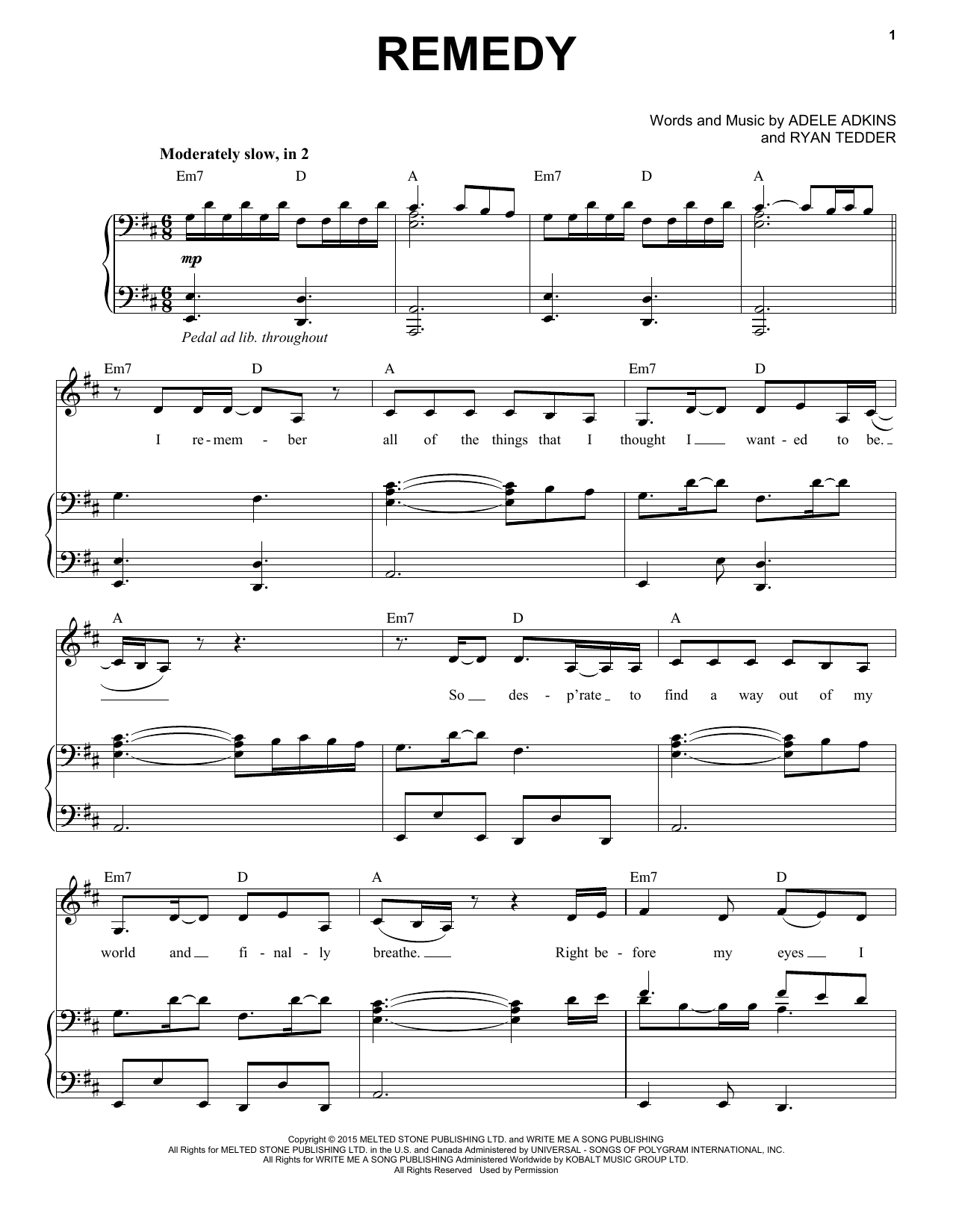 Adele Remedy sheet music notes and chords. Download Printable PDF.