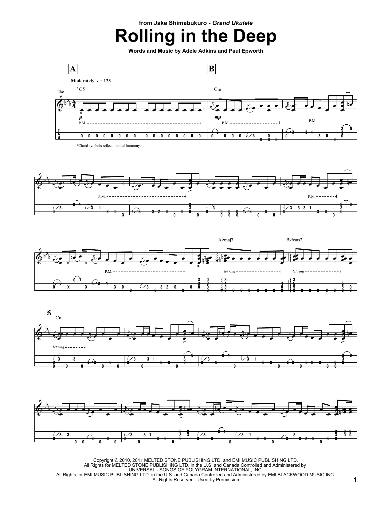 Adele Rolling In The Deep (arr. Jake Shimabukuro) sheet music notes and chords. Download Printable PDF.