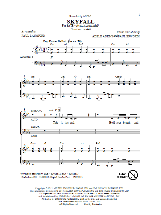 Adele Skyfall (arr. Paul Langford) sheet music notes and chords arranged for SAB Choir