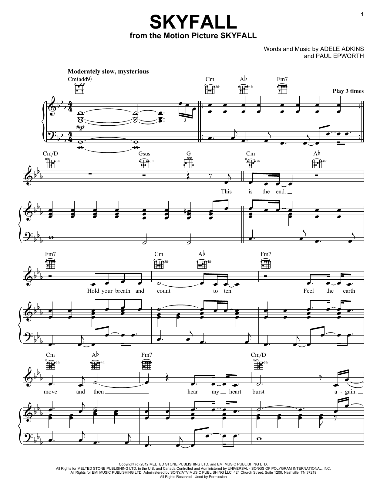 Adele Skyfall sheet music notes and chords arranged for Piano, Vocal & Guitar Chords (Right-Hand Melody)