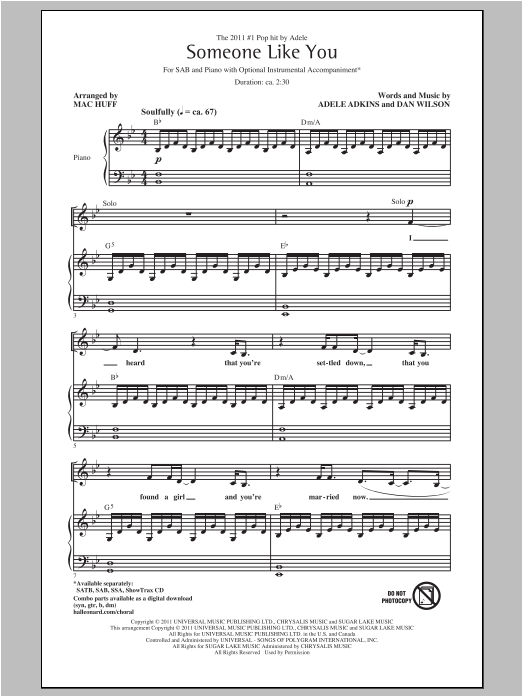 Adele Someone Like You (arr. Mac Huff) sheet music notes and chords arranged for SSA Choir