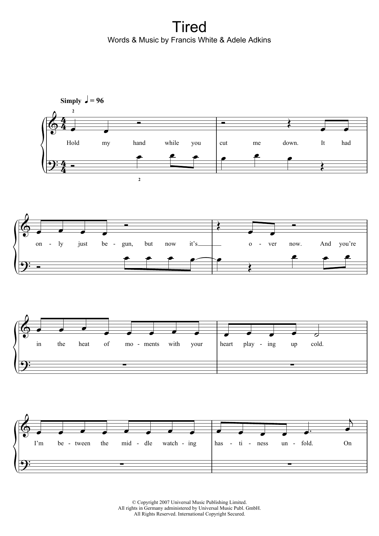 Adele Tired sheet music notes and chords arranged for Really Easy Piano