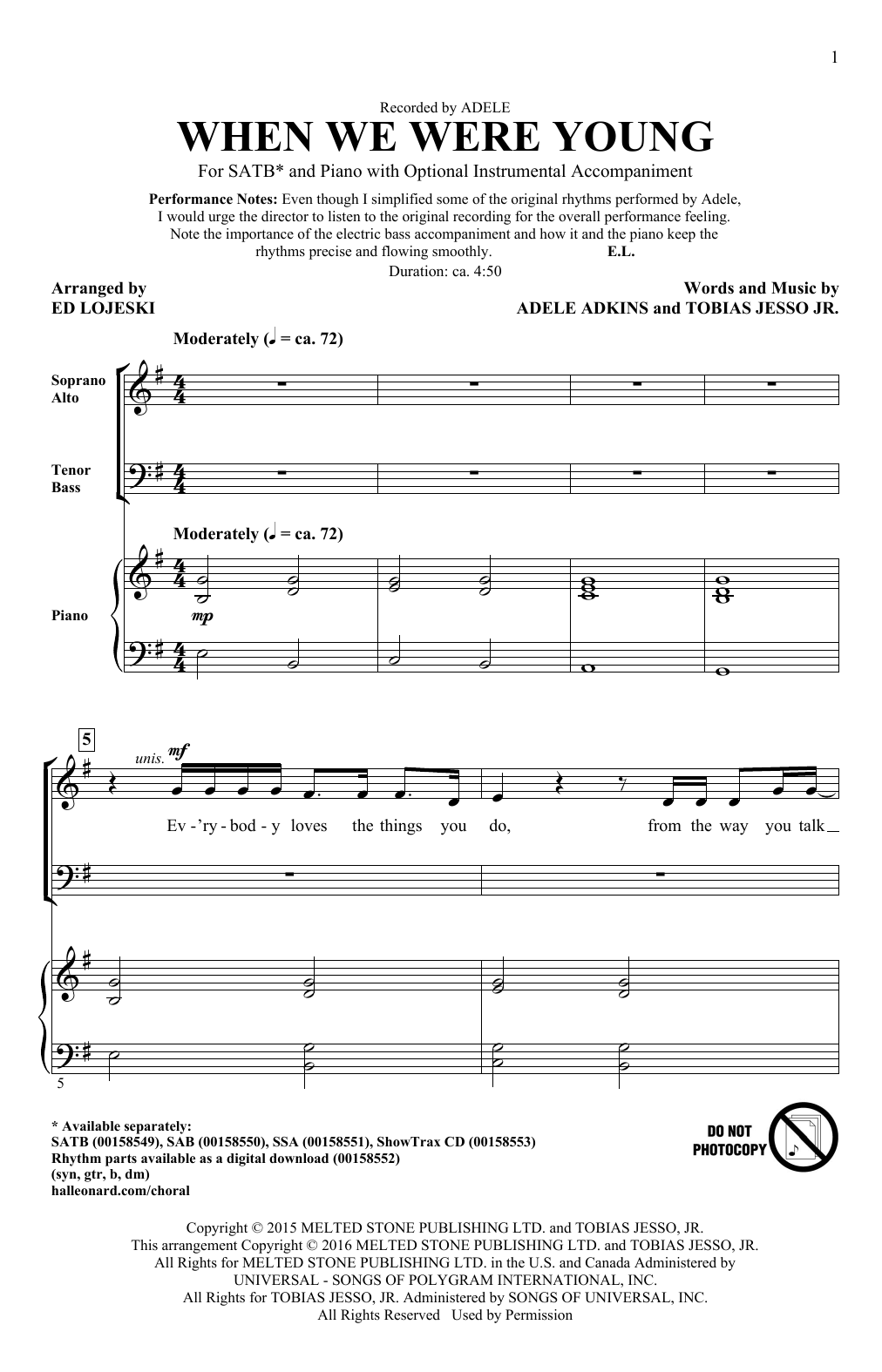 Adele When We Were Young (arr. Ed Lojeski) sheet music notes and chords. Download Printable PDF.