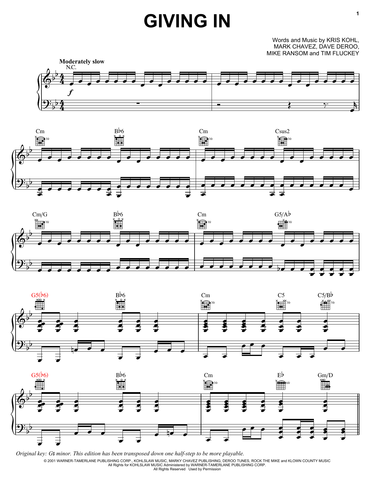 Adema Giving In sheet music notes and chords arranged for Piano, Vocal & Guitar Chords (Right-Hand Melody)