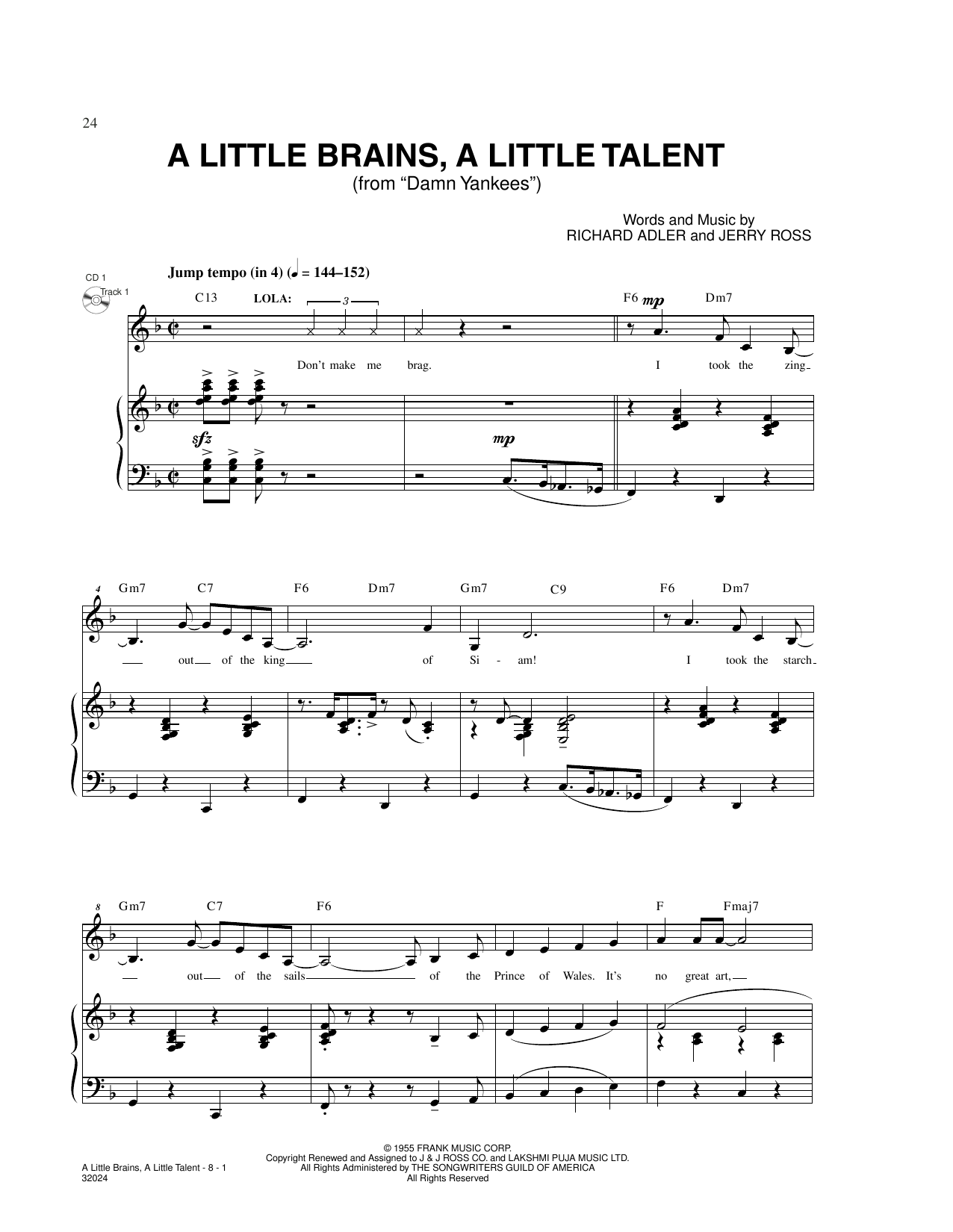 Adler & Ross A Little Brains, A Little Talent (from Damn Yankees) sheet music notes and chords arranged for Piano & Vocal