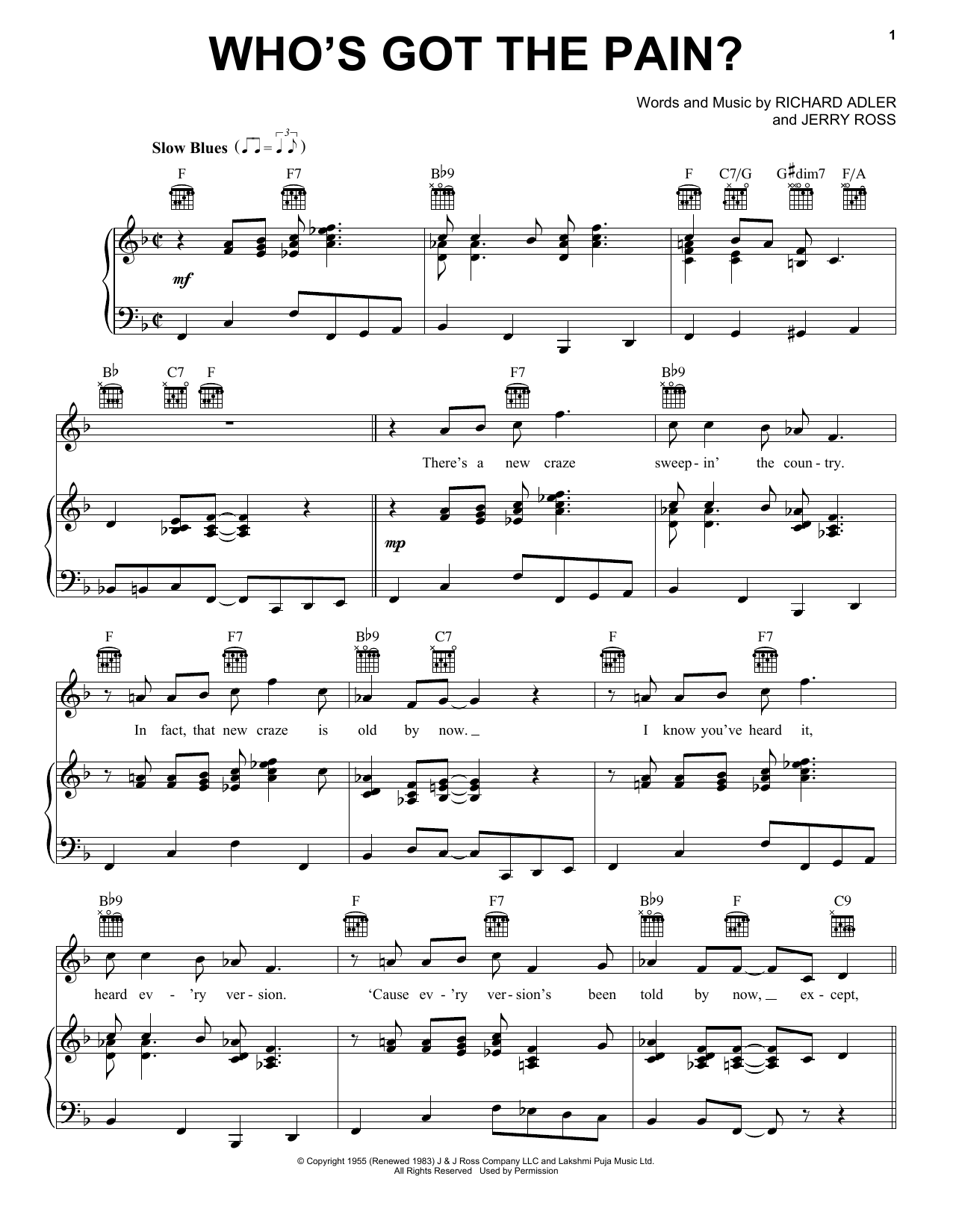 Learn to play Adler & Ross Who's Got The Pain? sheet music for Piano, Vocal & Guitar Chords (Right-Hand Melody) in minutes. Price: 7.8900$ Adler & Ross Who's Got The Pain? sheet music notes and chords arranged for Piano, Vocal & Guitar Chords (Right-Hand Melody)