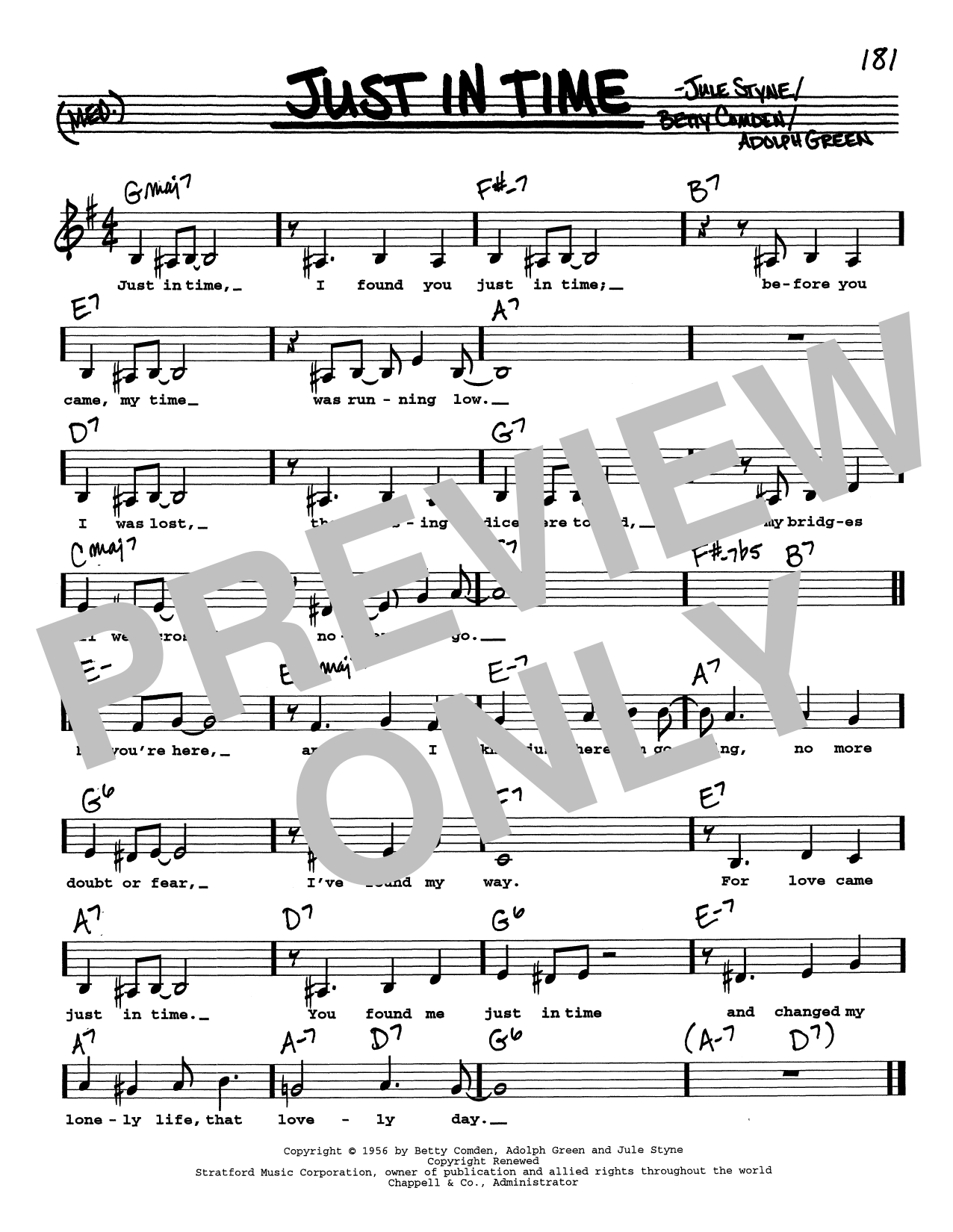 Adolph Green Just In Time (Low Voice) sheet music notes and chords arranged for Real Book – Melody, Lyrics & Chords