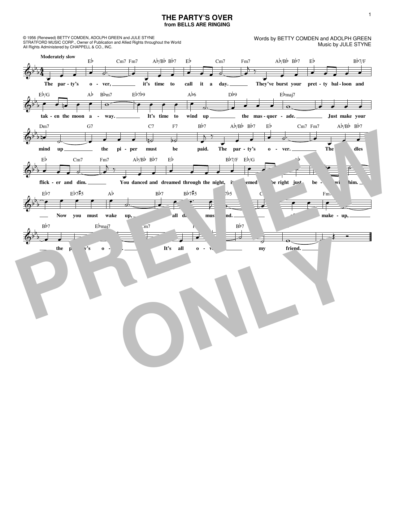 Adolph Green The Party's Over sheet music notes and chords arranged for Lead Sheet / Fake Book