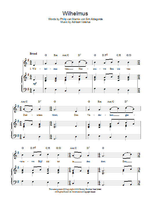 Adriaan Valerius Wilhelmus (Netherlands National Anthem) sheet music notes and chords arranged for Piano, Vocal & Guitar Chords