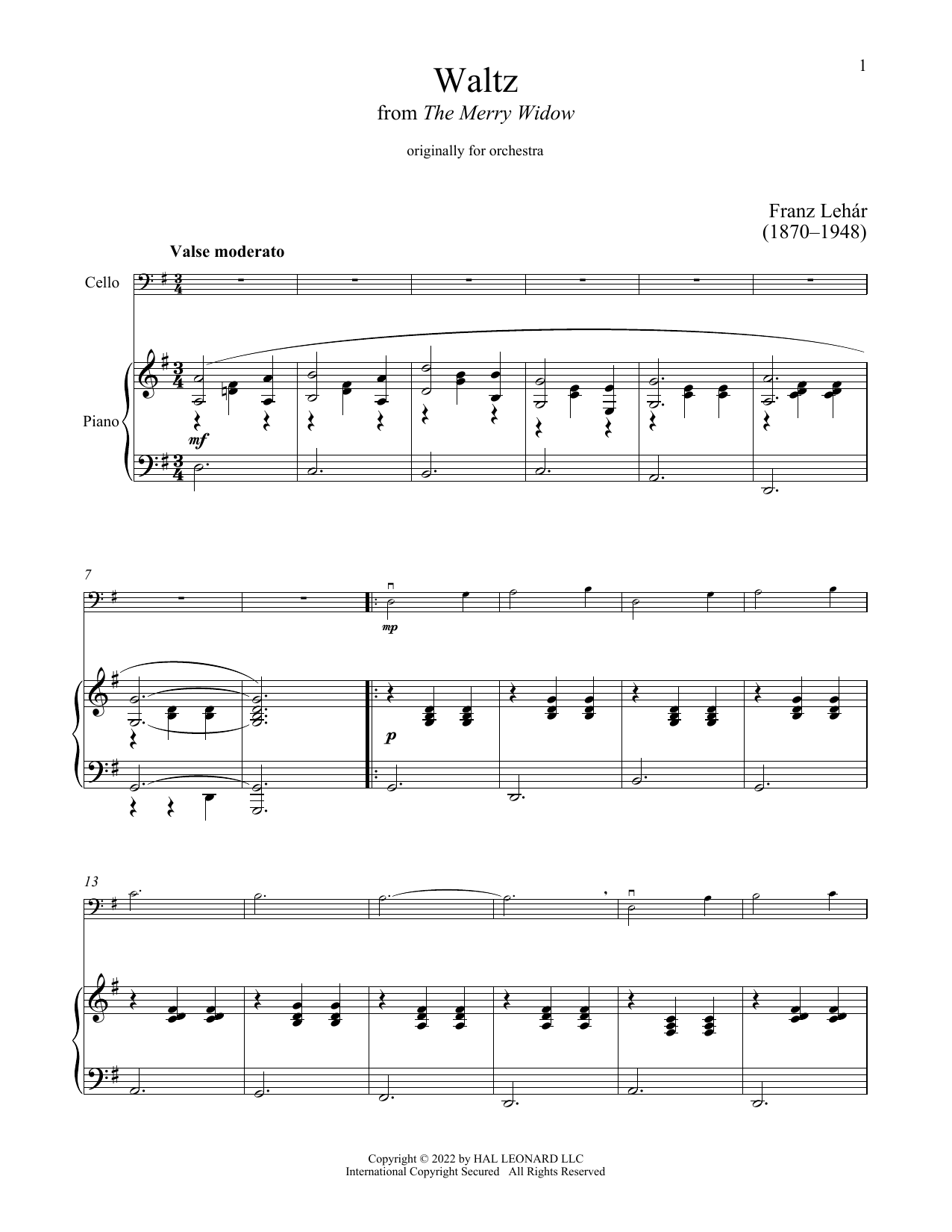 Adrian Ross The Merry Widow Waltz sheet music notes and chords arranged for Cello and Piano