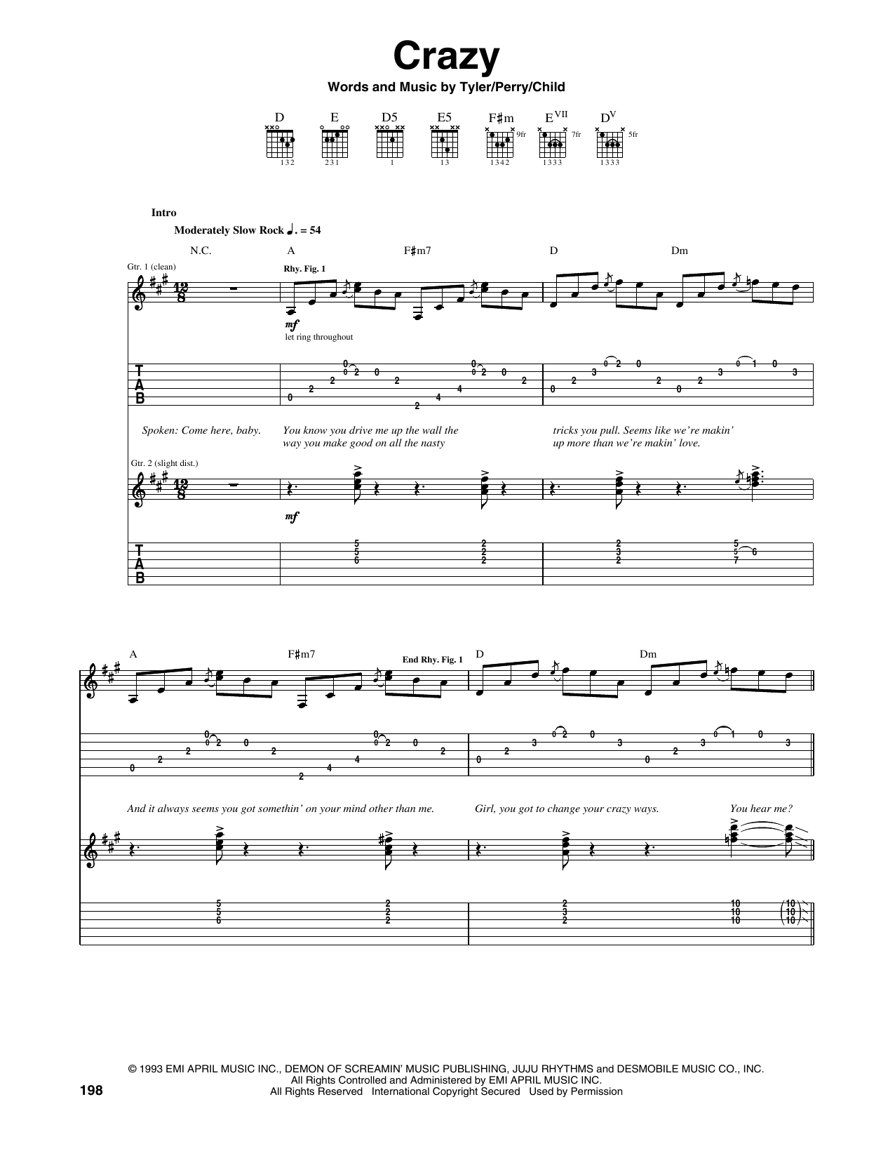 Aerosmith Crazy sheet music notes and chords arranged for Piano, Vocal & Guitar Chords (Right-Hand Melody)