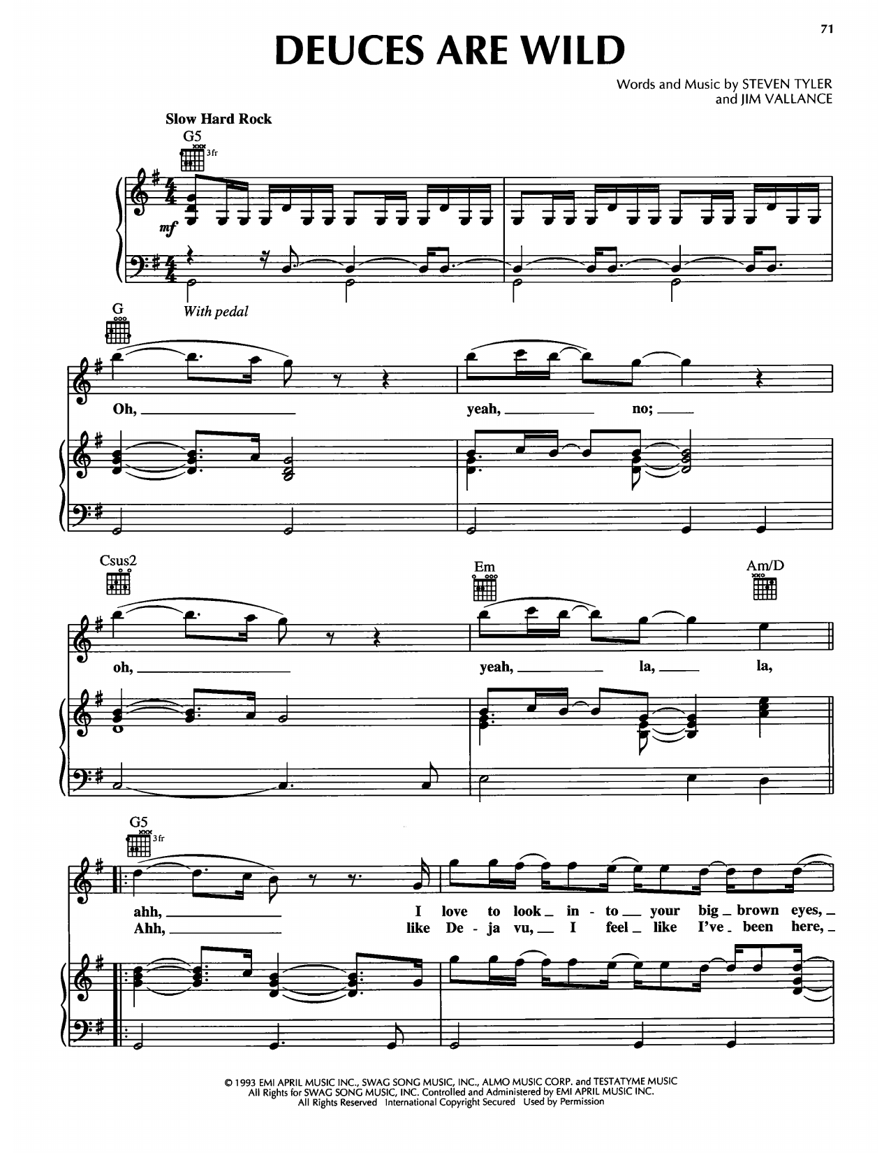 Aerosmith Deuces Are Wild sheet music notes and chords arranged for Piano, Vocal & Guitar Chords (Right-Hand Melody)