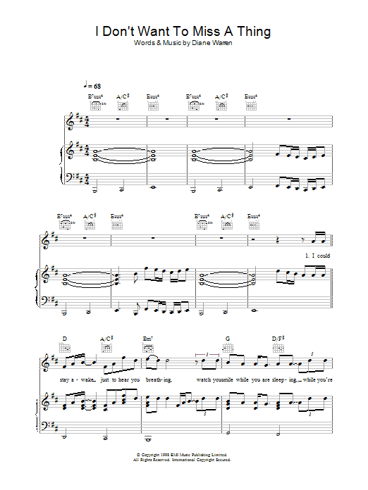 Aerosmith I Don't Want To Miss A Thing sheet music notes and chords. Download Printable PDF.