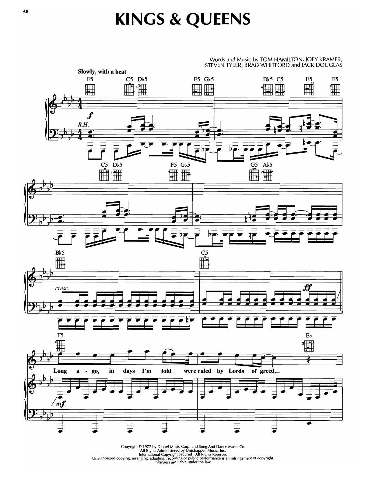 Aerosmith Kings & Queens sheet music notes and chords arranged for Piano, Vocal & Guitar Chords (Right-Hand Melody)