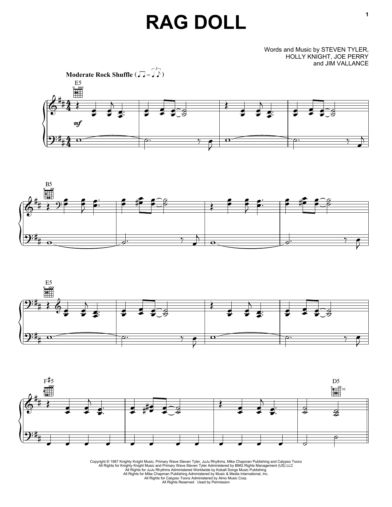 Aerosmith Rag Doll sheet music notes and chords. Download Printable PDF.