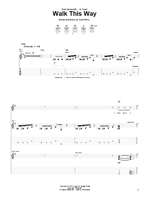 Aerosmith and Run D.M.C. Walk This Way sheet music notes and chords arranged for Guitar Tab