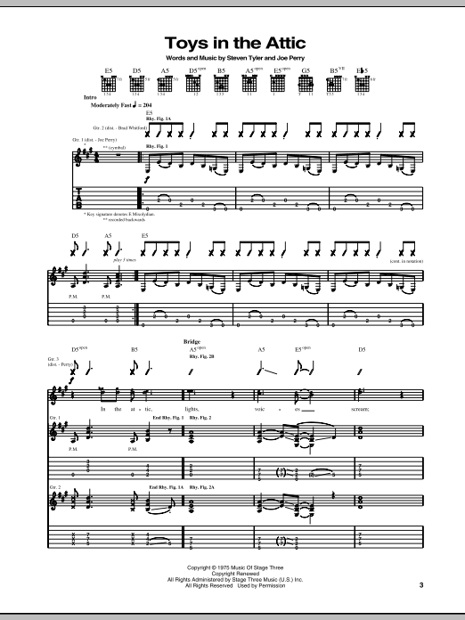 Aerosmith Toys In The Attic sheet music notes and chords arranged for Guitar Tab