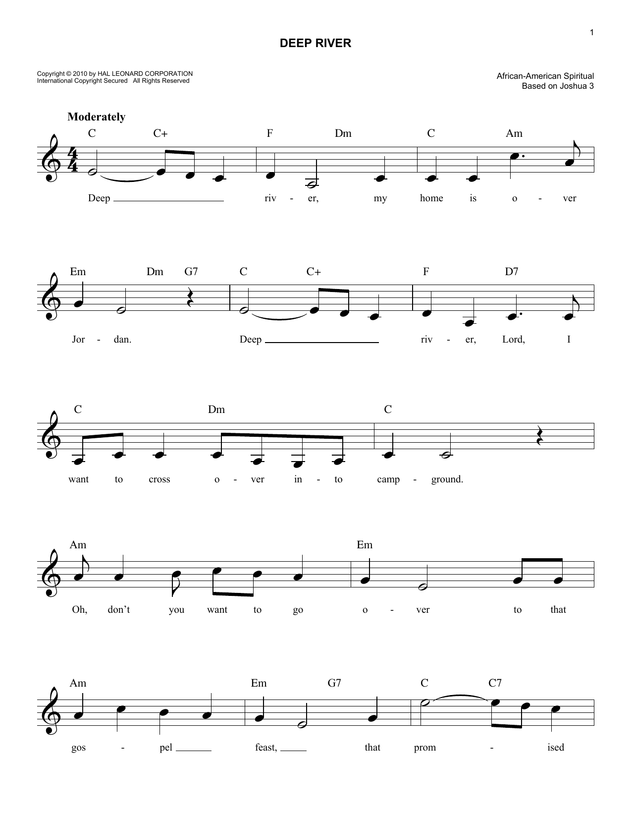 African American Spiritual Deep River sheet music notes and chords. Download Printable PDF.