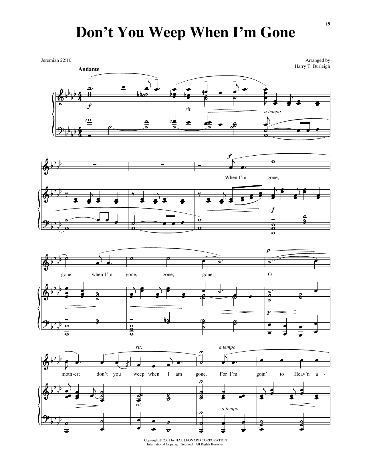 African American Spiritual Don't You Weep When I'm Gone sheet music notes and chords. Download Printable PDF.