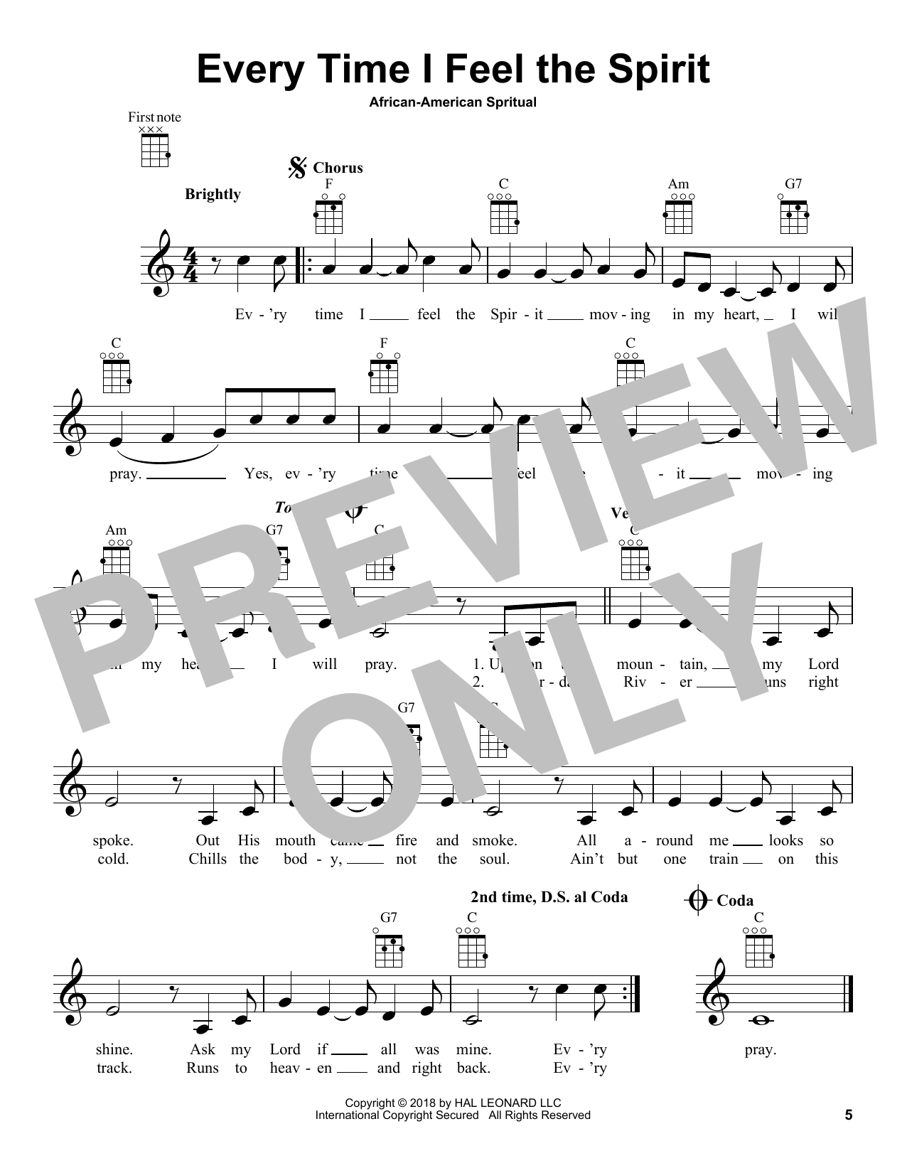 African-American Spiritual Every Time I Feel The Spirit sheet music notes and chords. Download Printable PDF.