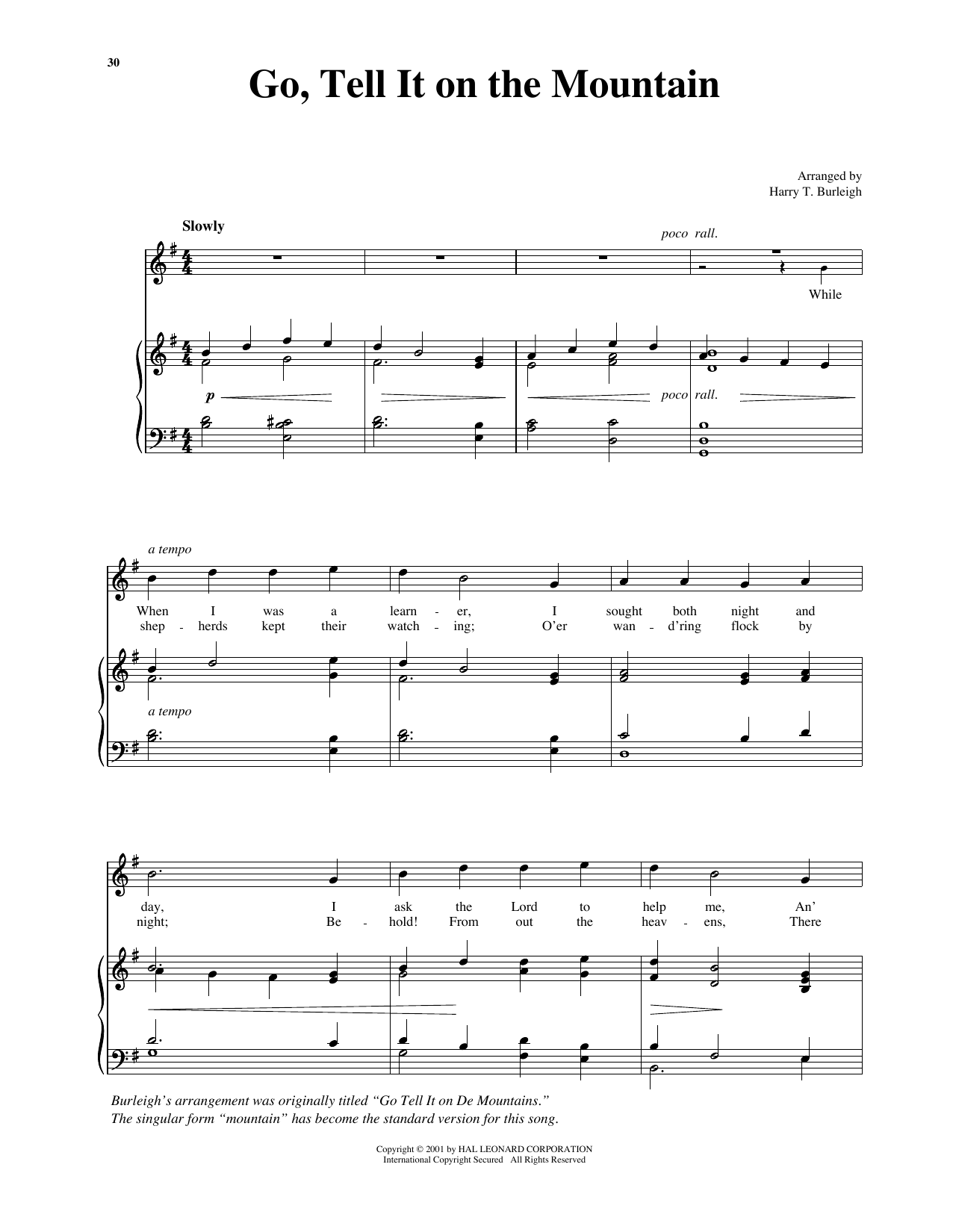 African American Spiritual Go Tell It On The Mountain (arr. Richard Walters) (High Voice) sheet music notes and chords arranged for Piano & Vocal