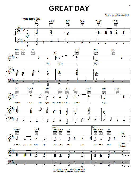 African-American Spiritual Great Day sheet music notes and chords arranged for Piano, Vocal & Guitar Chords (Right-Hand Melody)