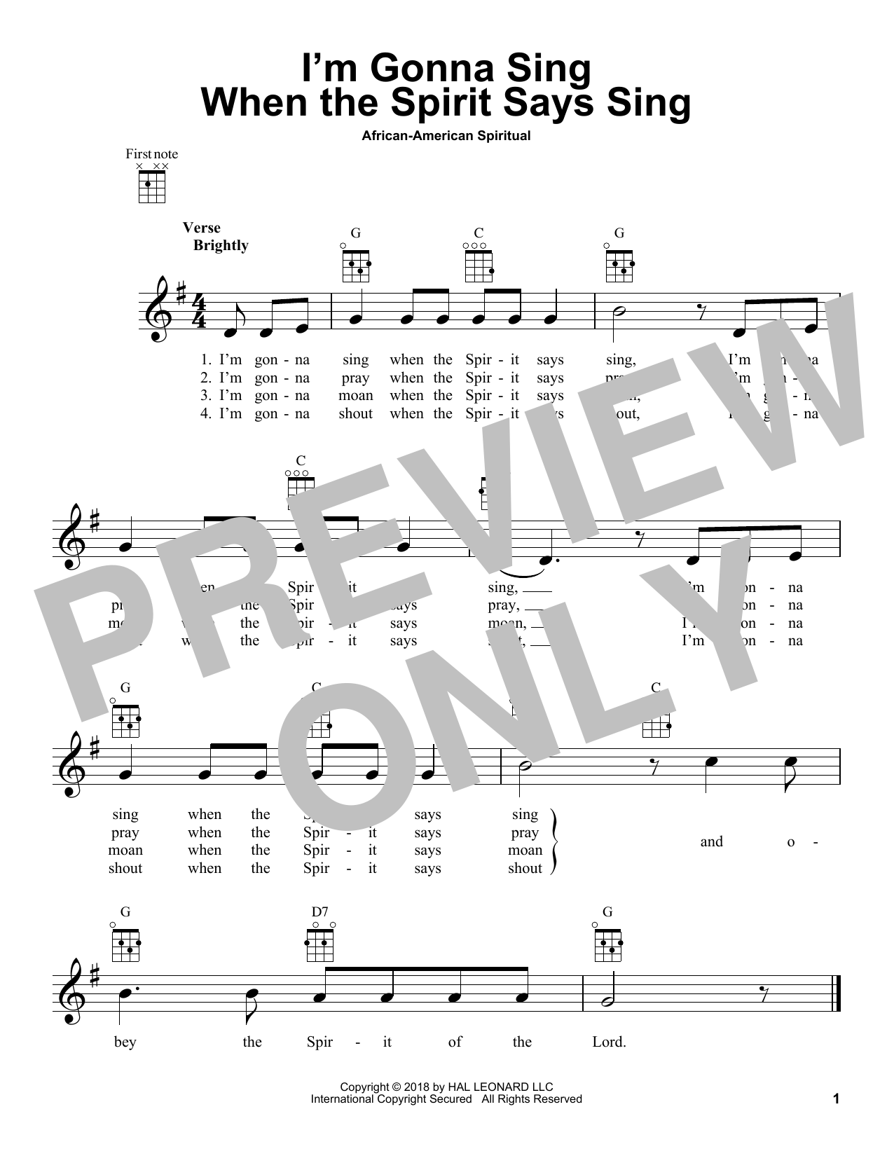 African-American Spiritual I'm Gonna Sing When The Spirit Says Sing sheet music notes and chords. Download Printable PDF.