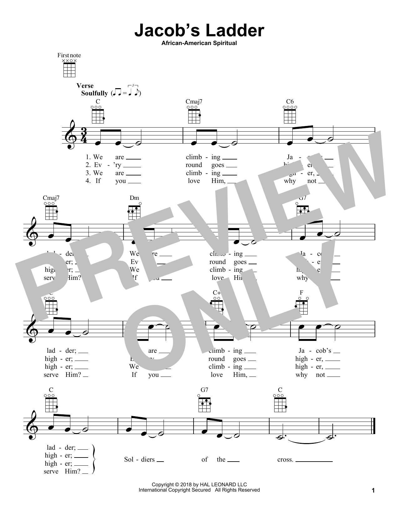 Learn to play African-American Spiritual Jacob's Ladder sheet music for Ukulele in minutes. Price: 5.9900$ African-American Spiritual Jacob's Ladder sheet music notes and chords arranged for Ukulele