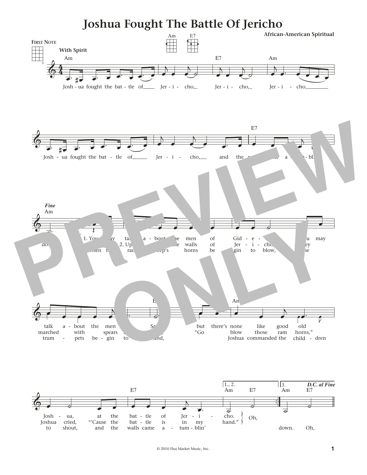 Learn to play African-American Spiritual Joshua (Fit The Battle Of Jericho) (from The Daily Ukulele) (arr. Liz and Jim Beloff) sheet music for Ukulele in minutes. Price: 5.9900$ African-American Spiritual Joshua (Fit The Battle Of Jericho) (from The Daily Ukulele) (arr. Liz and Jim Beloff) sheet music notes and chords arranged for Ukulele