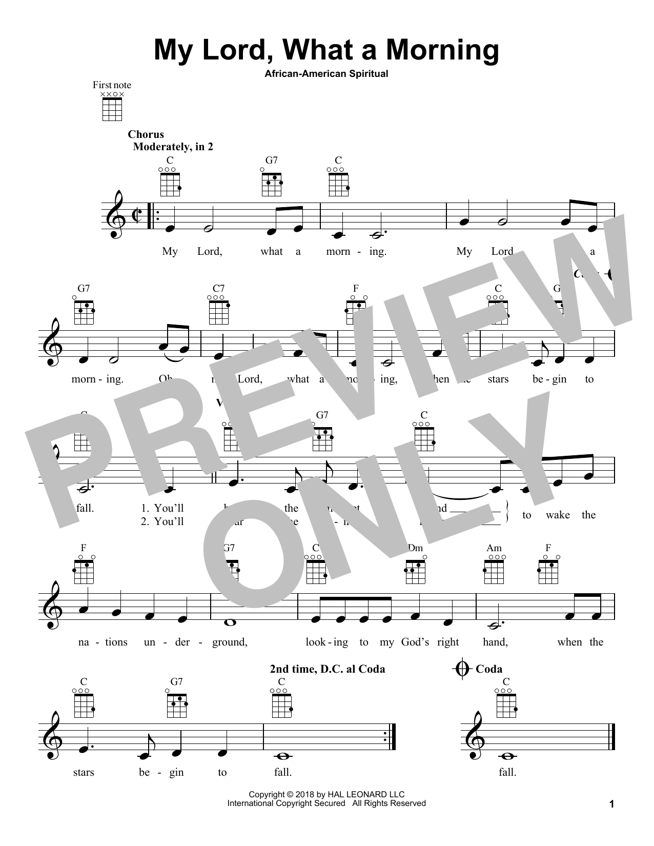 Learn to play African-American Spiritual My Lord, What A Morning sheet music for Ukulele in minutes. Price: 5.9900$ African-American Spiritual My Lord, What A Morning sheet music notes and chords arranged for Ukulele